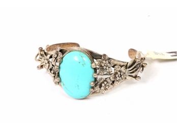 Heavy Sterling Silver Flower Turquoise Cuff Bracelet - New Old Stock With Tags