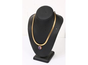 14K GP Gold Plate Herringbone Necklace With Sterling Silver Vermeil Pendant