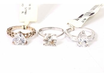 Group Of 3 Sterling Silver And CZ Rings - New Old Stock