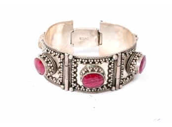 Beautiful Sterling Silver Heavy Bracelet With Red Stone Inserts