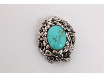 Very Large Heavy Sterling Silver & Turquoise Brooch Pendant In One - New Old Stock