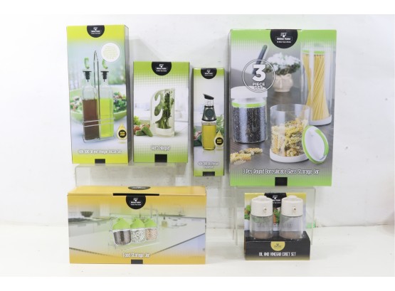 Group 6 Kitchen Meister Food Storage Items All New Jars, Oil Vinegar, Herb Storage, Air Tight Canisters Etc