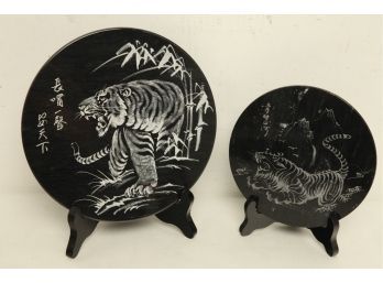 2 Decorative Chinese Etched Granite Plates On Stands