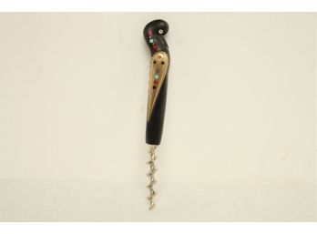 Vintage Mid-Century Modern Horn Corkscrew W/silver & Brass Inlay, Turquoise & Coral Inlay