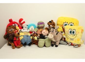 Large Lot Of Character Stuffed Animals: Spongebob, Ninja Turtles, Shriek, Angry Birds, Scooby Doo