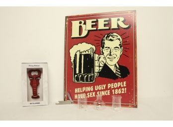Bar Lot ~ New 'Beer' Tin Sign, Lab Shot Glasses, Can & Bottle Openers