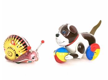 Vintage Tin Litho Toys, Key Wind Snail And Blic Dog With Ball