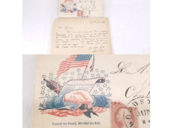 Constitution Cover With Civil War Era Letter, Red Blue Design With Shaking Hands And Flag Allegories