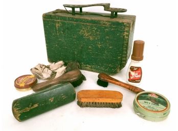 Unique Green Painted Antique Shoe Shine Box With Brushes