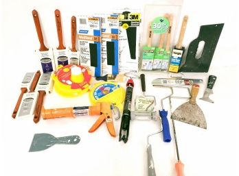 Mixed Lot Of Painting Accessories, Brushes, Rollers,sanding Sheets And More
