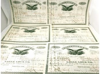 Group Of 6 Stock Certificates For Eagle Lock Company Terryville CT