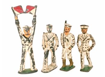 Lot Of 4 Vintage Lead Navy Soldier Toys With Flagger