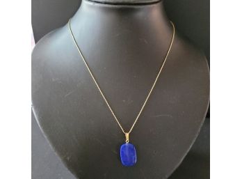 14k Yellow Gold Necklace With Lapis Pendant, Magnetic Clasp