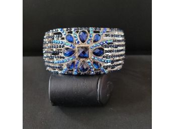 NEW Wide Silver Cuff Bracelet With Blue Stones And Iridescent Stones
