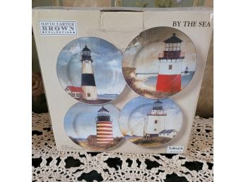 NEW IN BOX Set Of 4 Sakura Porcelain Lighthouse Plates David Cater Brown Collection