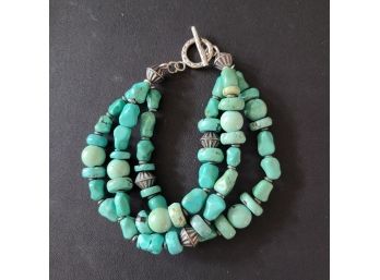 3 Strands Of Turquoise Bracelet With Sterling Silver Beads And Clasp