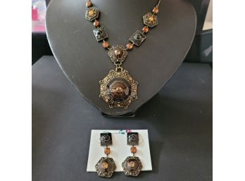 New And Unworn Enameled Necklace And Matching Earrings Set