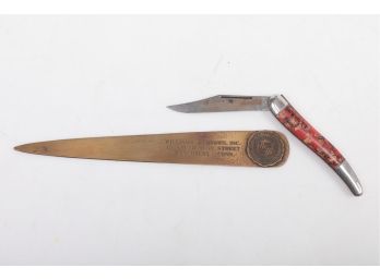 Early 1900's Watwrbury Connecticut Adv Leather Opener With Folding Hammer Brand Fishing Knife