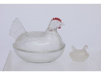 2 Early 1900's Hen On Nest Large Clear Glass, Small Frosted