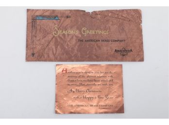 2 Early 1900's Christmas / New Years Greetings On Brass Leaf