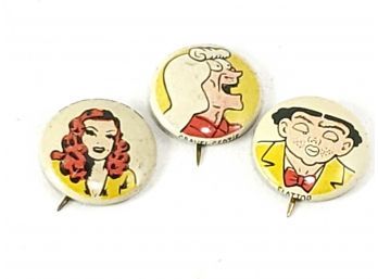 3 Vintage Kelloggs Pop  Pins, Brenda Starr, Gravel Gertie, Flat Top