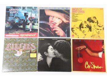 6pc Vinyl Record Lot Stray Cats The Cars Bee Gees Cat Stevens John Lennon