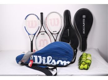 Group Of Wilson Tennis Rackets Including New Bag With Tag And Balls