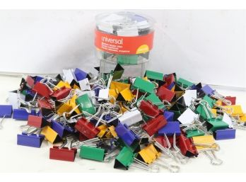 Large Pile Of Universal Binder Clips In Dispenser Tub, Medium, Assorted Colors