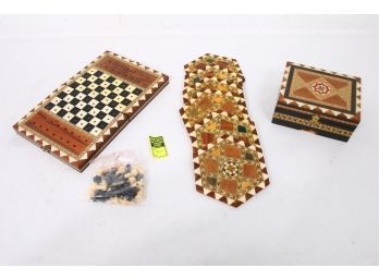 Group Of V. MOLERO Artesania Granadina Marquetry Box, Coasters And Chess Set