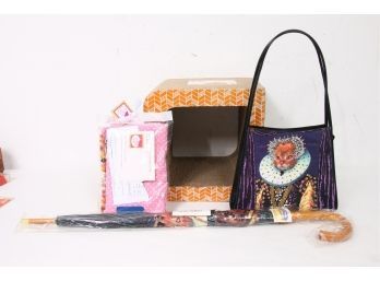 Group Of Cat Lovers Accessories Incl Queen Cat Cequin Handbag With Matching Umbrella And More
