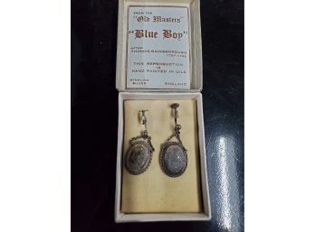 Antique Sterling Silver Hand Painted In Oil English Earrings 'blue Boy'