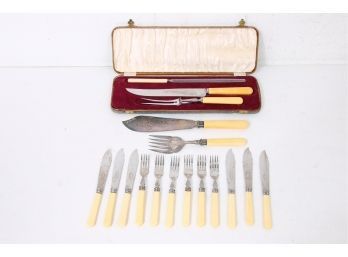 Winegartens Cutlery Set, Sheffiled Forks 7 Knives And Pair Of Silverplate Serving Pcs