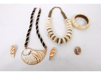 Limoges France Brooch, Camel Bone Bracelet W/abalone Shell Necklace And Nautilus Shell Necklace W/earrings
