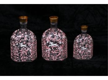 Group Of 3 VETRI MURANO Hand Painted Glass Bottles