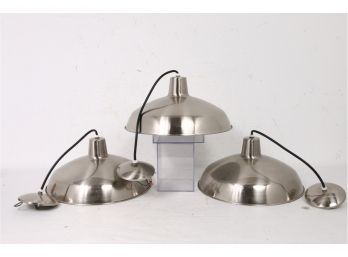Group Of 3 Brushed Stainless Steel & Enamel Industrial Style Kitchen Island Pendant Light Fixture