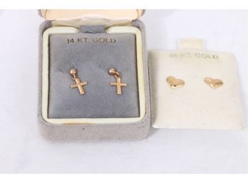 Pair Of 14K Gold Earrings - Cross & Heart Design
