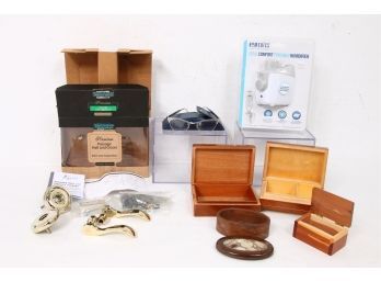 Misc Content Of The Closet Incl Brass Lockset (complete), Trinket Boxes, Cateye Glasses, Portable Humidifier