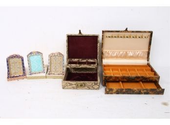 Group Of 3 Ornate Picture Frames And Pair Of Jewelry Boxes