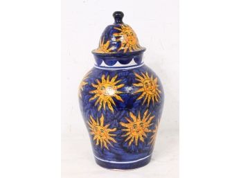 Vintage Ceramic Hand Painted Glazed Sunburst Design Urn