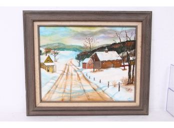 Vintage Oil On Canvas Showing Village Road In The Winter - Signed Lori