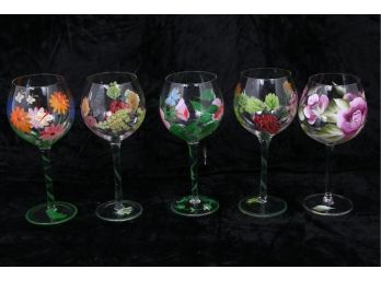 Group Of Hand Painted Flowers Wine Glasses