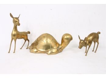 Group Of 3 Brass Animal Figurines - Turtle & Doe Female Deer