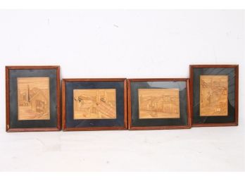 Group Of 4 Vintage Framed Hand Made Bamboo Mini Sticks Art