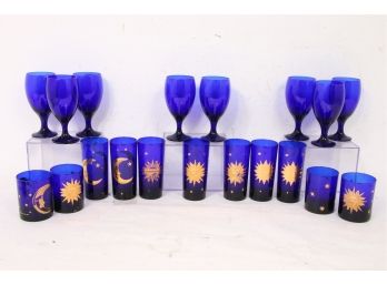 Large Group Of Cobalt Blue Glasses, Goblets Most By CULVER In Celestial Design