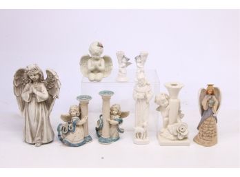 Group Of Shelf Decorative Items Incl Angels, Candleholders, Nativity & More
