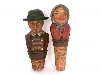 Pair Of Anri Folk Carved Wine Stoppers Man And Woman