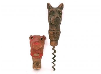 Carved Terrier Dog Wine Stopper And Cork Screw
