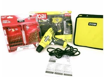 Ryobi D43K Variable Speed Drill And Milwaukee Red Helix Shockwave Drill Bit Set