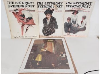 3 Early Saturday Evening Post Magazines And Rockwell Print