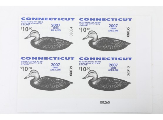 2007 Connecticut Migratory Bird Conservation Stamp $10 Block, Black Duck